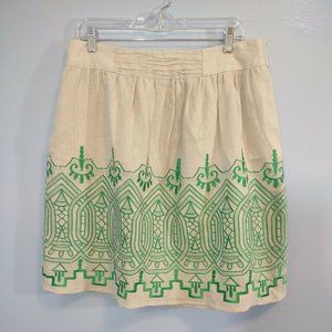 Madison Women's L Beige Linen Skirt Green Embroidery Elastic Waist Lined Boho